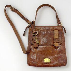 Fossil Brown Leather Flap Crossbody Adjustable Strap Purse Women’s